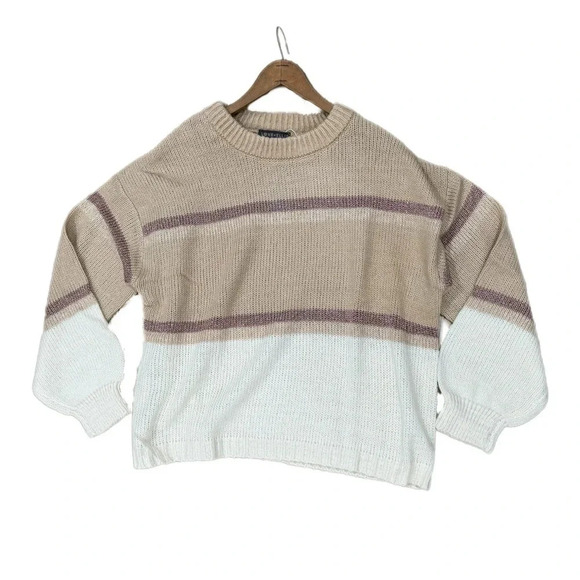 New LOVE ELLIE Metallic Stripe Crew Neck Sweater Beige Cream Womens Size 2XL - Picture 2 of 7